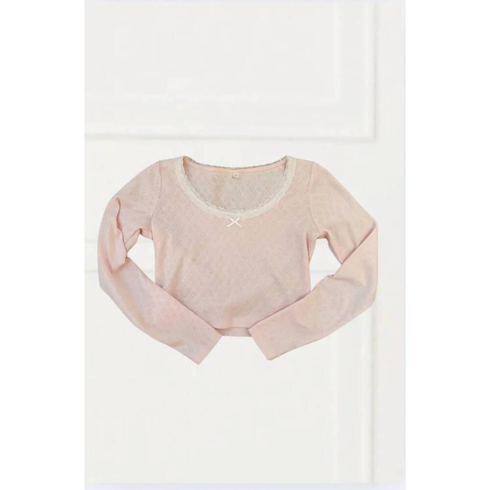 NEW THEME girl's jax heart pointelle long sleeve top in baby pink